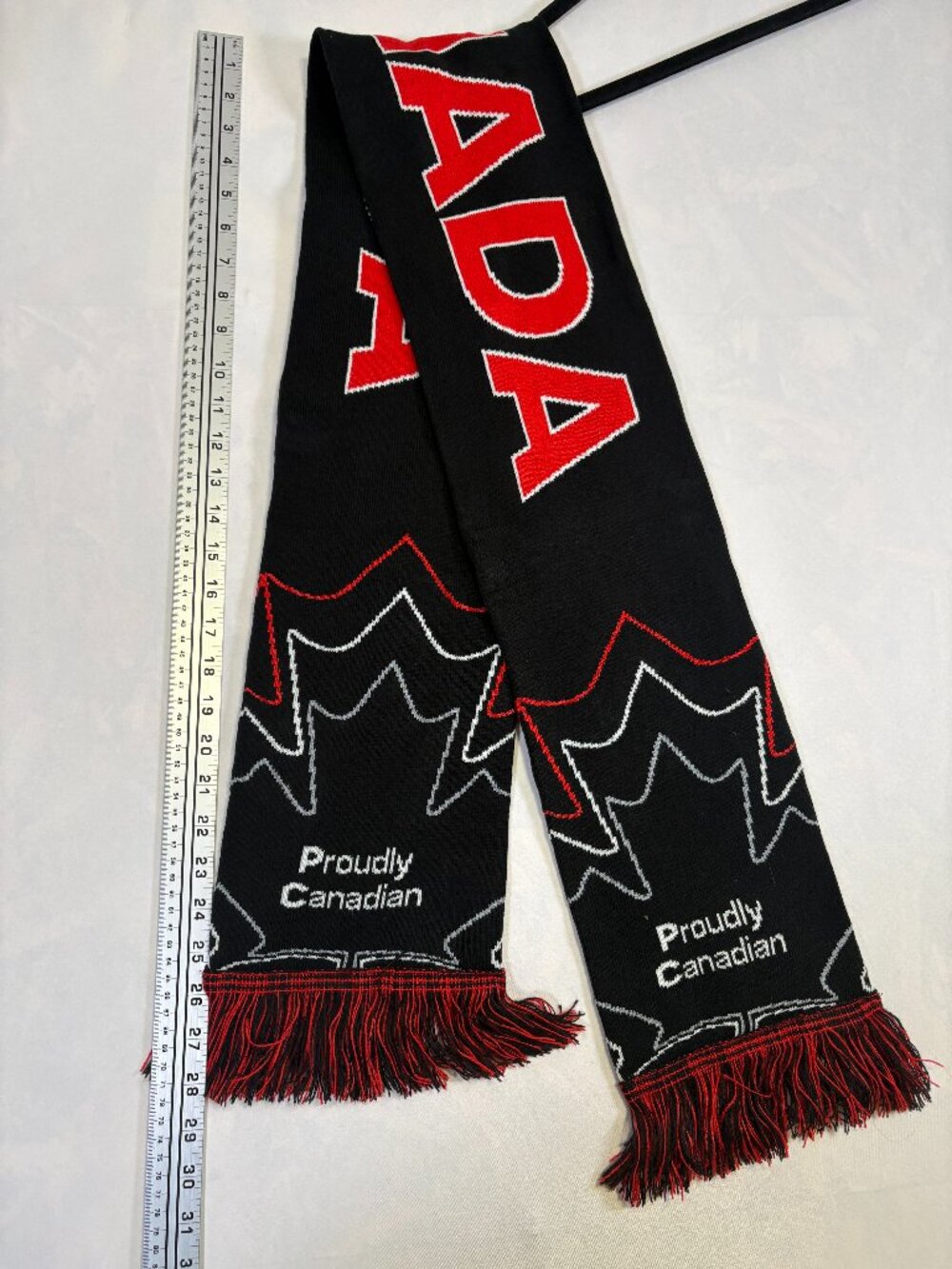 Title: Canada Proudly Canadian Maple Leaf Knit Scarf Black Red Fringe